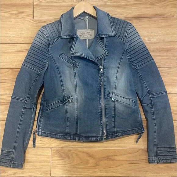Marc Cain Blue Denim Biker Jacket  Quilted Moto Shoulders & Asymmetric Zip jeans - Picture 8 of 14